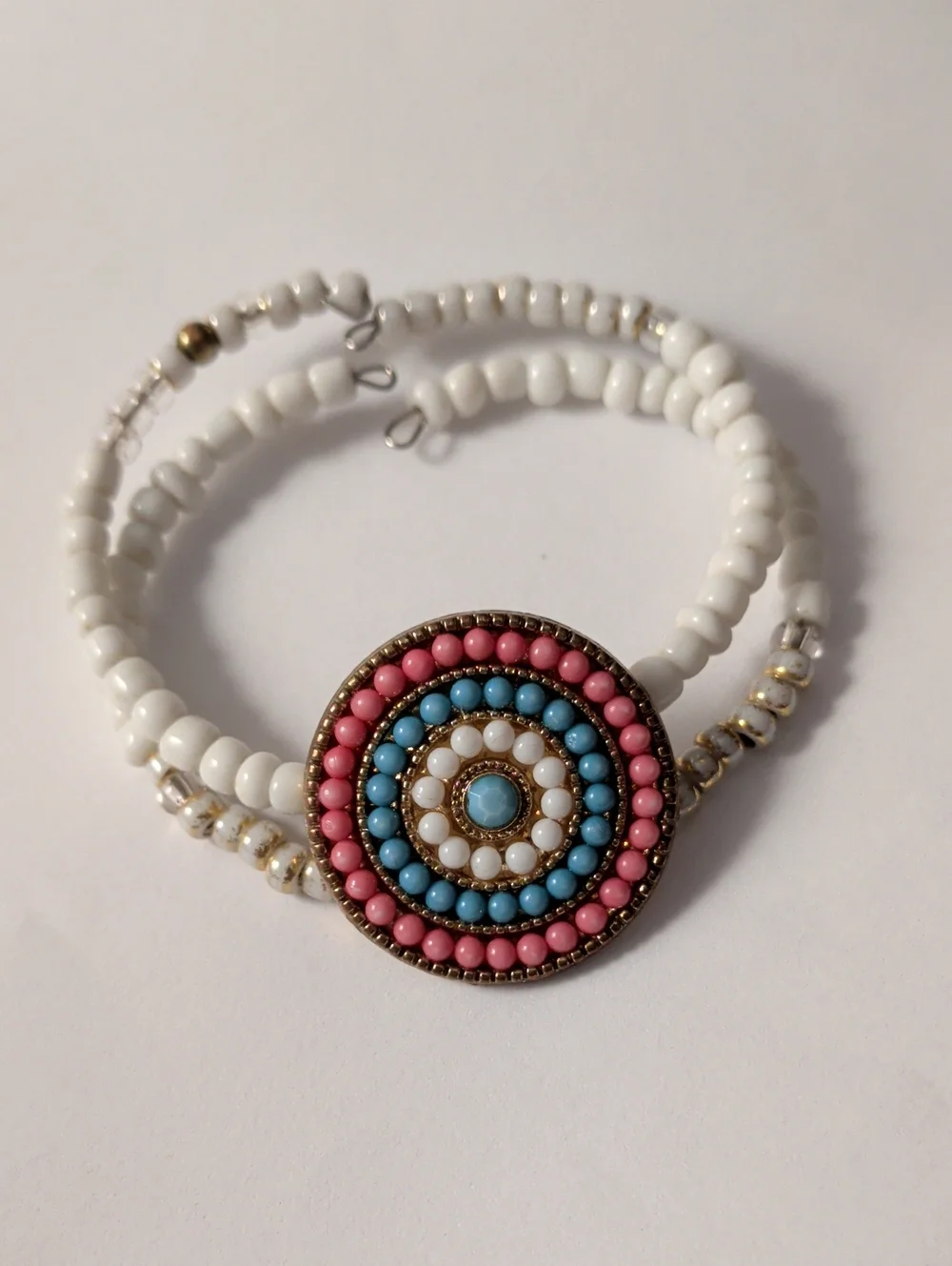 Boho Beaded Circle Wrap Bracelet - White, Pink & Blue